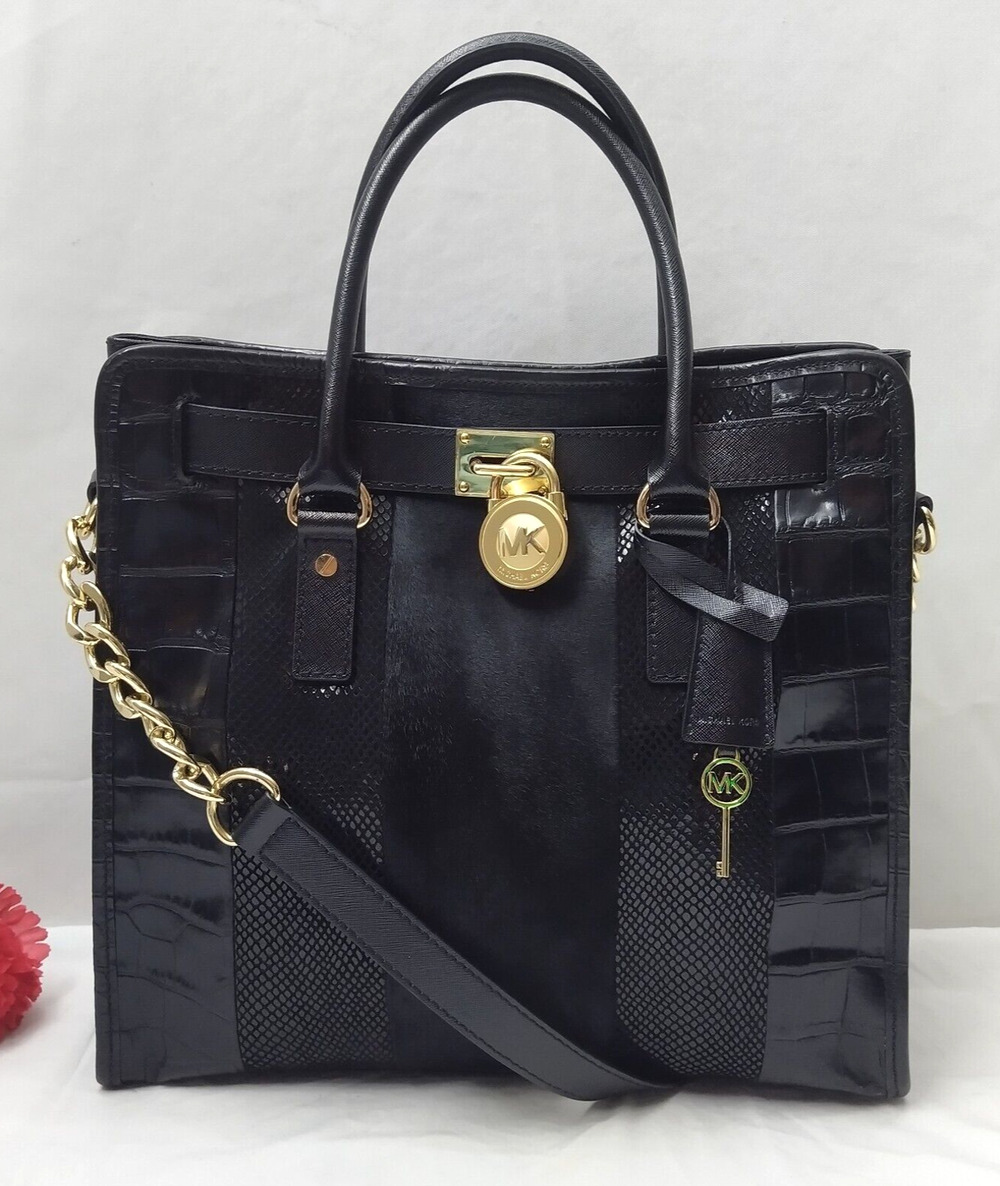 Michael Kors Hamilton Mixed Media Haircalf Black Leather Croc Embossed Tote Bag